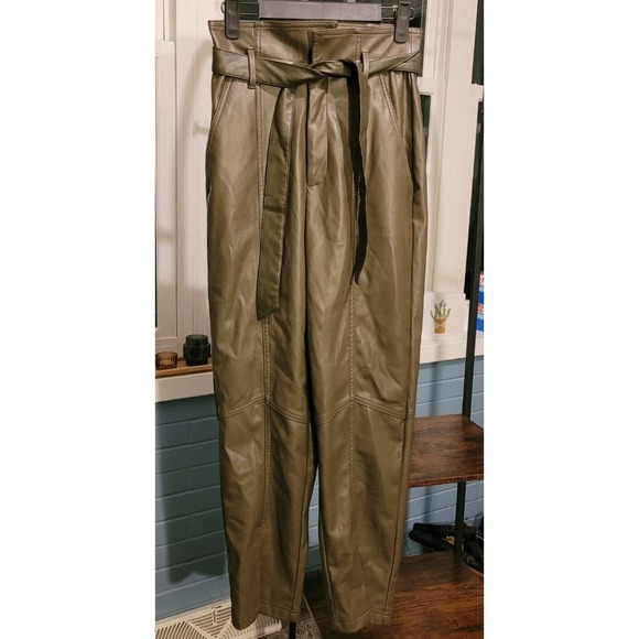 Marissa Webb Faux Leather Pants Olive Green Belted High‎ Waist Trousers Size  0 - Picture 1 of 7